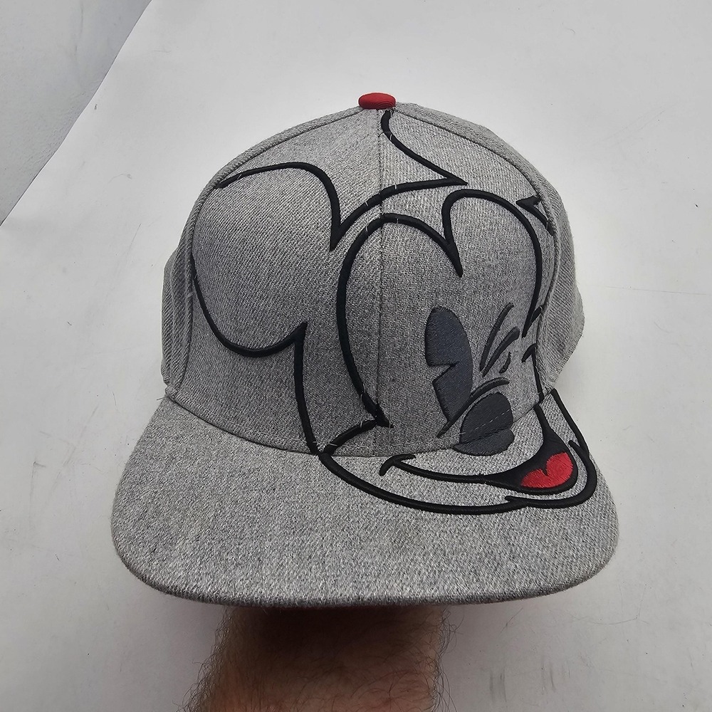 Disney Mickey Mouse Hat Cap Snap Back Mens One Size Gray Red Twill Cartoon